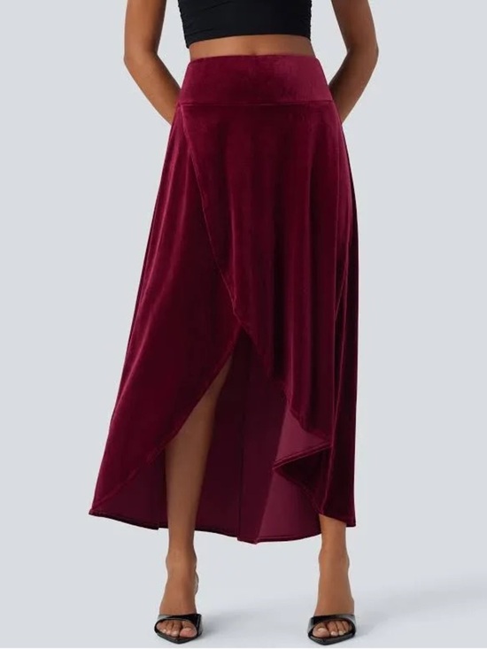 HALARA Dresses & Skirts - Halara Velvet High Low Crossover Maxi Skirt Built In Shorts Sangria M